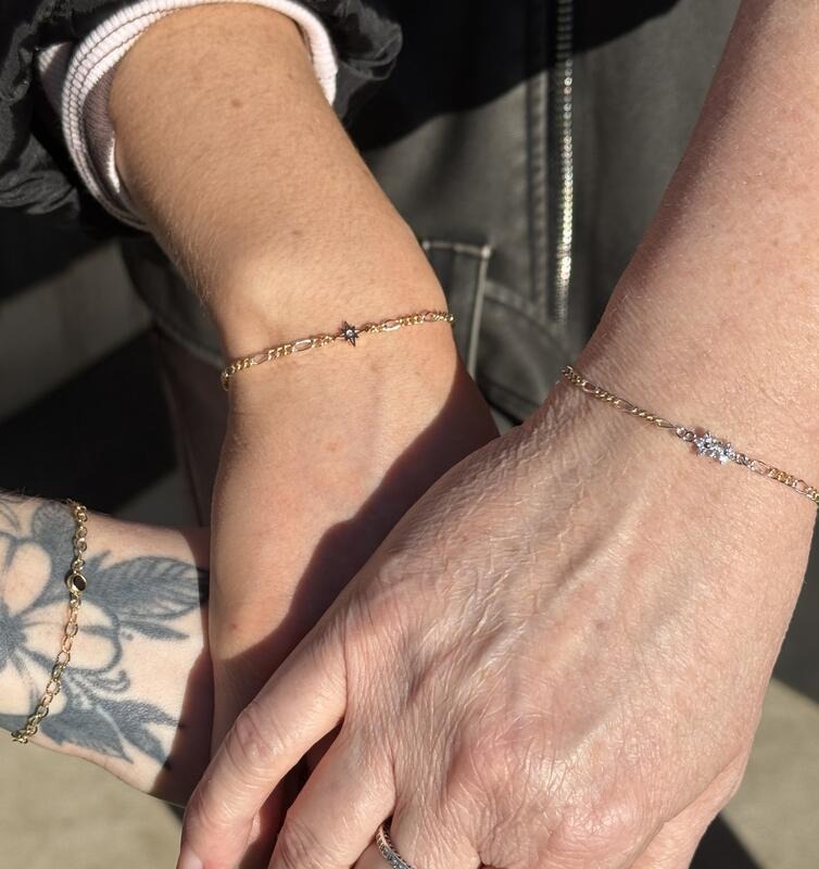 Two fine gold permanent bracelets on two wrists